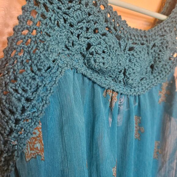 L8ter Size Small S Boho Tunic Top Blouse Crochet blue Orange Brown Sheer Indie - Picture 2 of 7